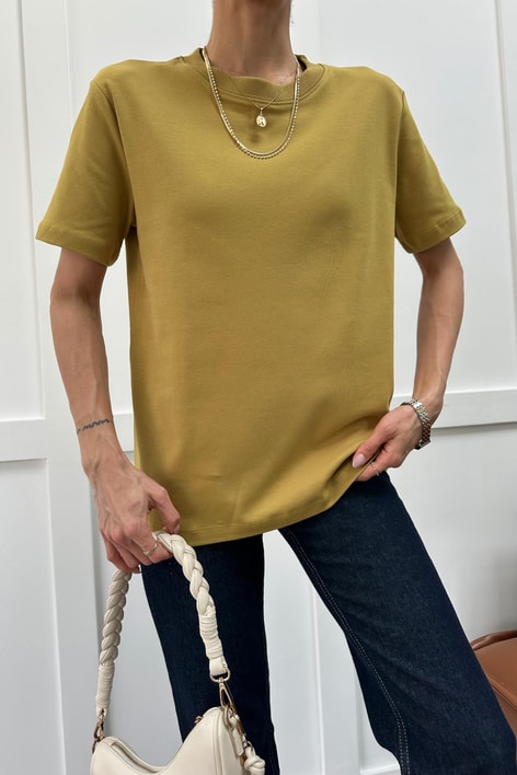 Ribanalı Premium Basic Tshirt Yağ Yeşili