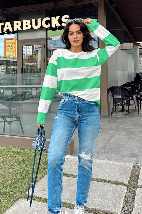 Şeritli Bisiklet Yaka Tshirt Yeşil