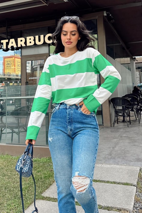 Şeritli Bisiklet Yaka Tshirt Yeşil