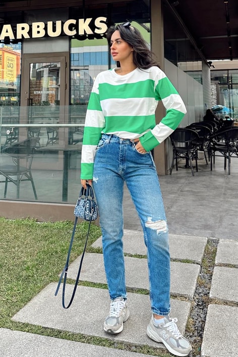 Şeritli Bisiklet Yaka Tshirt Yeşil