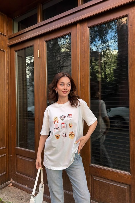 Sevimli  Köpekler  Baskılı Tshirt Beyaz