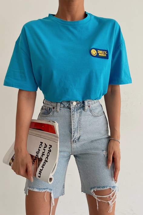 Smiley Oversize Tshirt Mavi