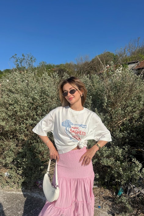 Spaghetti Baskı Tshirt Ekru