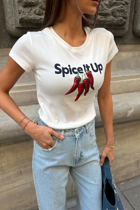 Spice Papper Baskı Tshirt Beyaz