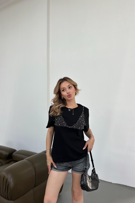 Taş İşlemeli Tshirt Siyah