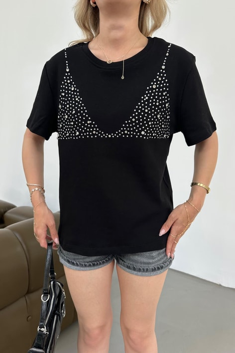 Taş İşlemeli Tshirt Siyah