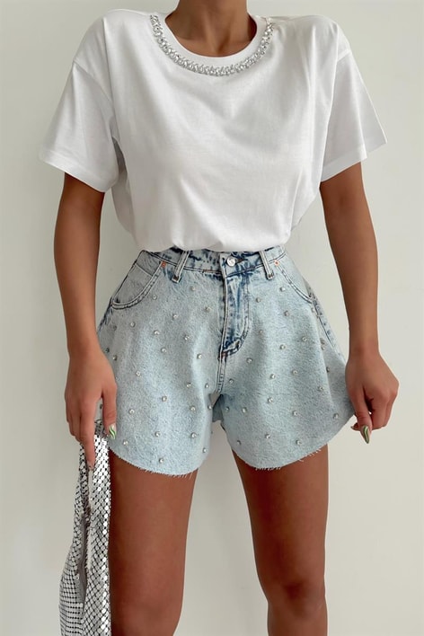 Taş Yaka Basic Tshirt Beyaz