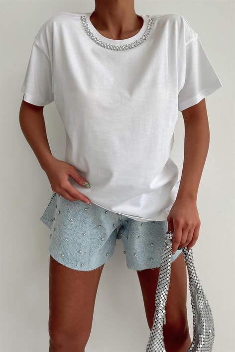 Taş Yaka Basic Tshirt Beyaz