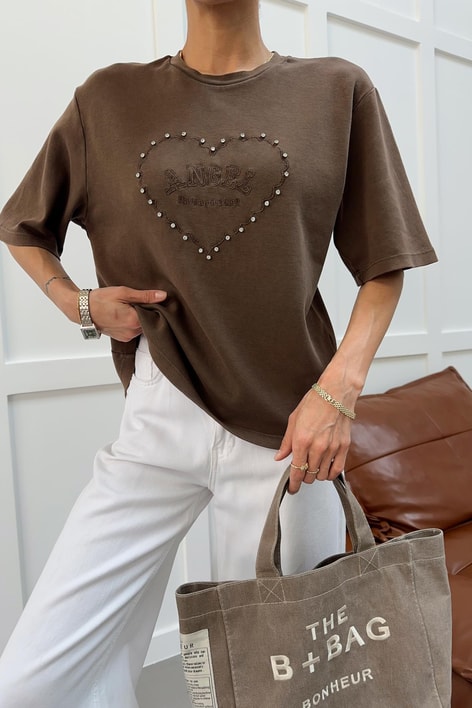 Taşlı Angel Tshirt Kahve