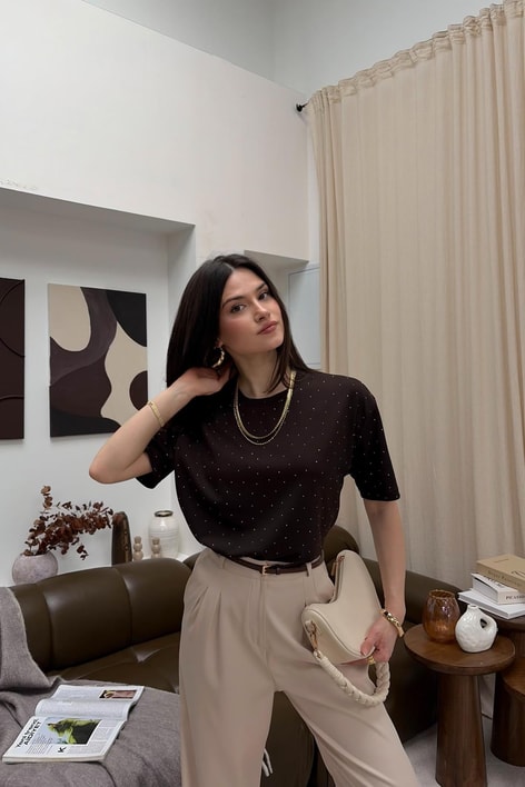 Taşlı Modal Tshirt Kahve