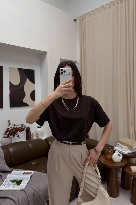 Taşlı Modal Tshirt Kahve