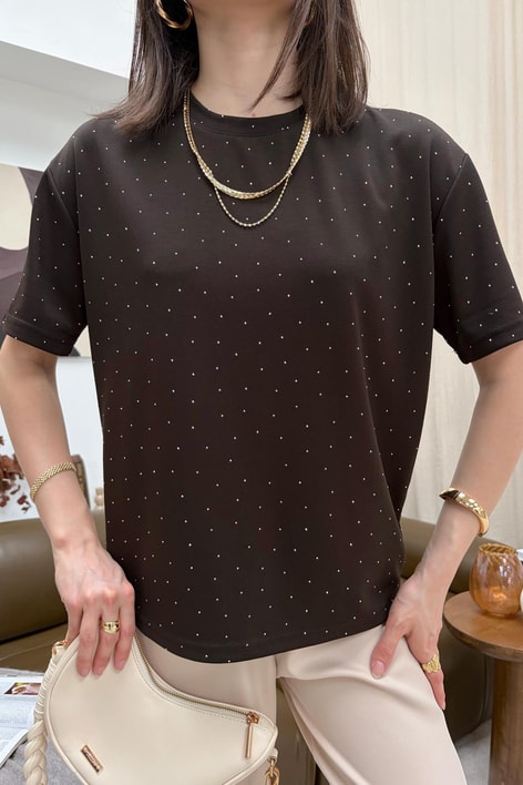 Taşlı Modal Tshirt Kahve