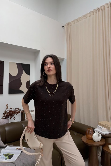 Taşlı Modal Tshirt Kahve