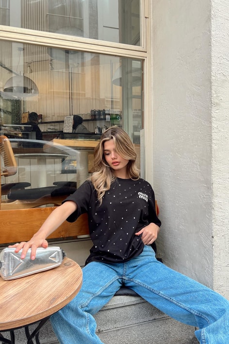 Taşlı Shine Tshirt Siyah