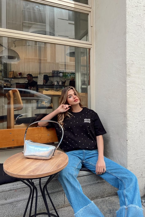 Taşlı Shine Tshirt Siyah