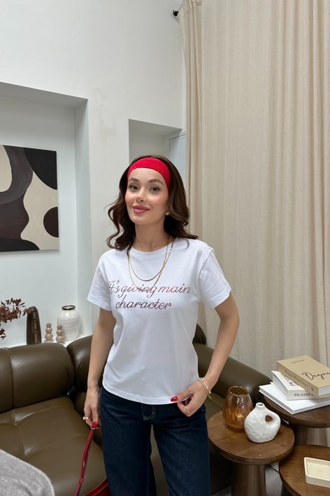 Taşlı Slogan Tshirt Beyaz