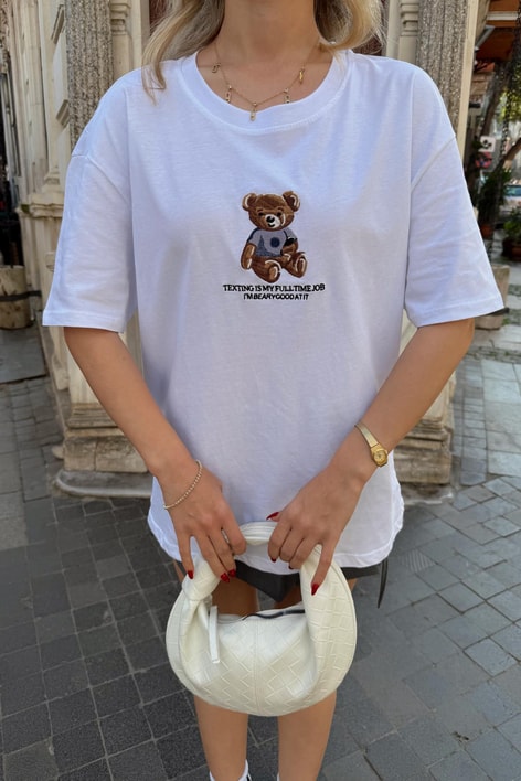 Teddy Nakışlı Tshirt Beyaz