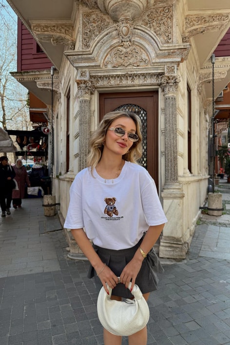 Teddy Nakışlı Tshirt Beyaz