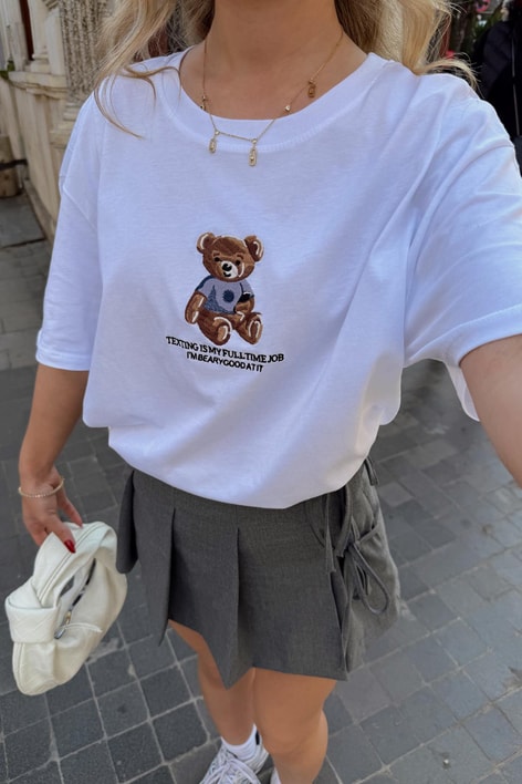 Teddy Nakışlı Tshirt Beyaz