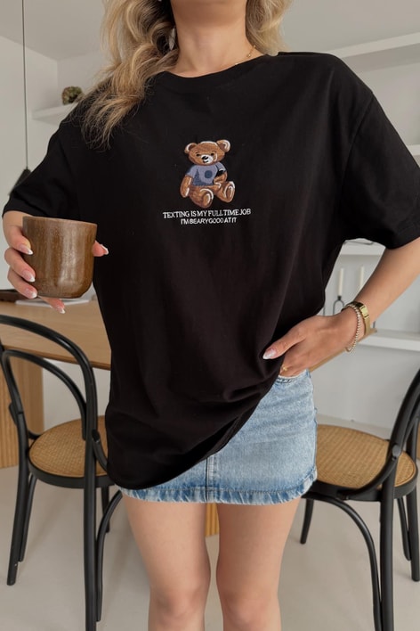 Teddy Nakışlı Tshirt Siyah