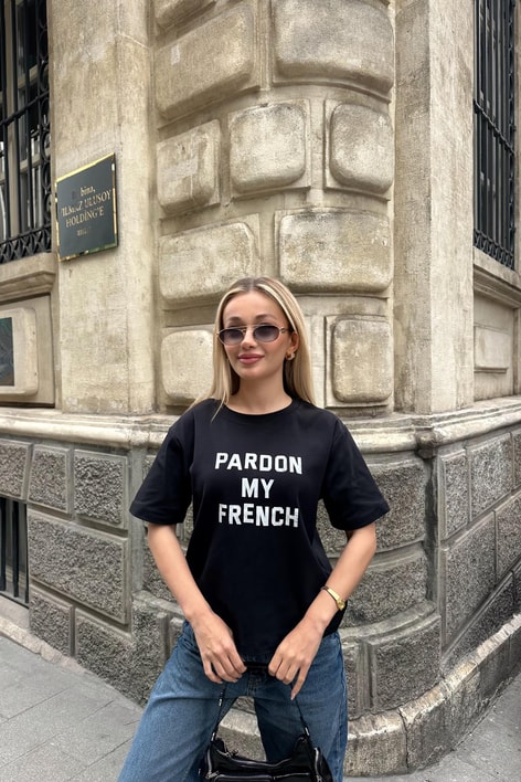 Text Pardon Baskılı Tshirt Siyah