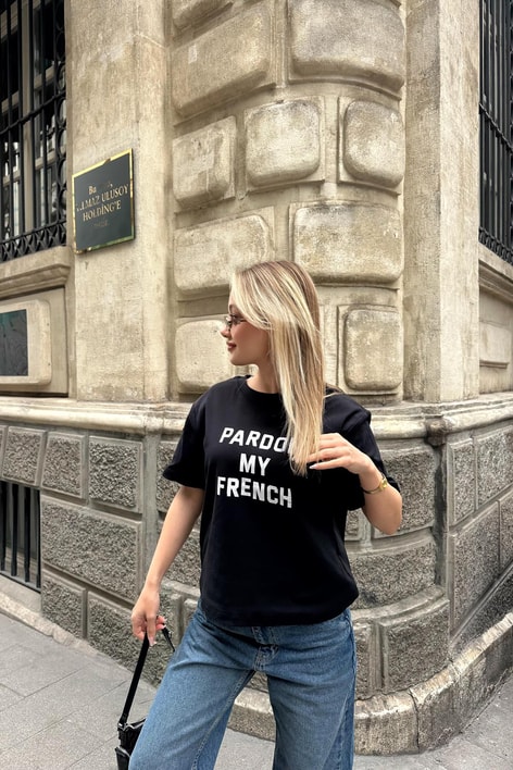 Text Pardon Baskılı Tshirt Siyah