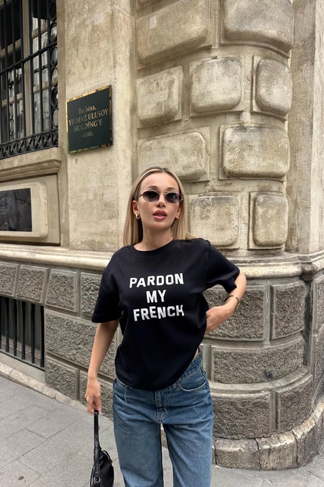Text Pardon Baskılı Tshirt Siyah