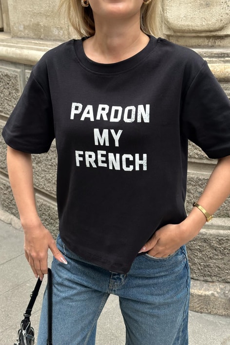 Text Pardon Baskılı Tshirt Siyah
