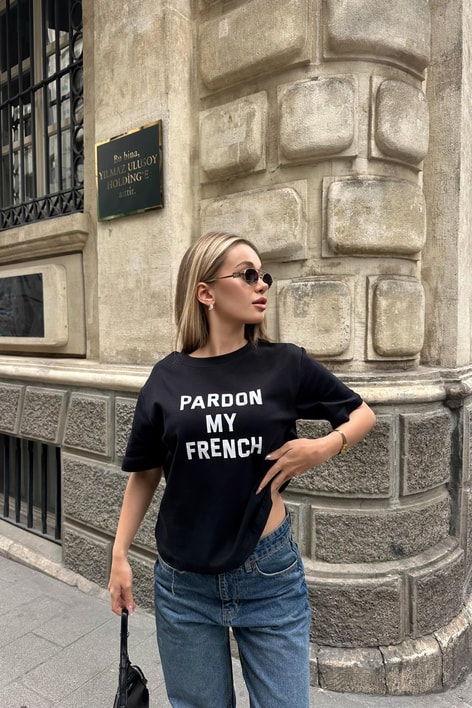 Text Pardon Baskılı Tshirt Siyah