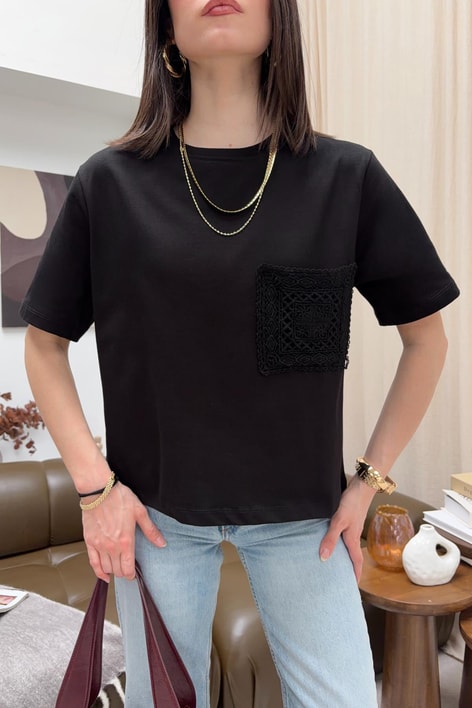 Tığ İşlemeli Tshirt Siyah