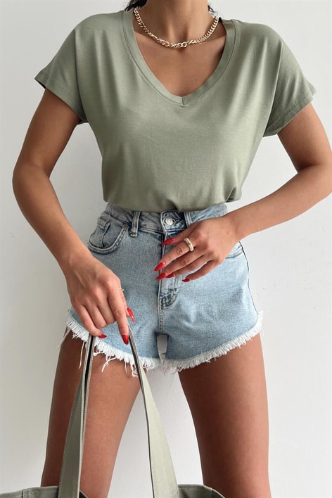 V Yaka Basic Tshirt Haki