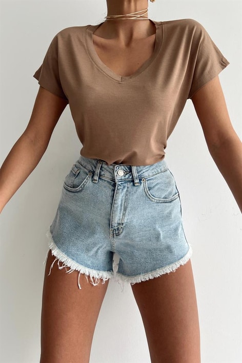 V Yaka Basic Tshirt Kahve