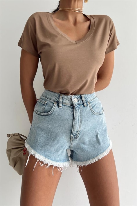 V Yaka Basic Tshirt Kahve