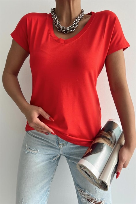 V Yaka Basic Tshirt Kırmızı