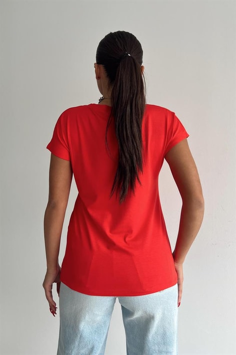 V Yaka Basic Tshirt Kırmızı