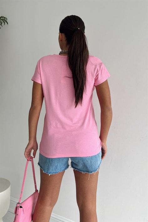 V Yaka Basic Tshirt Pembe