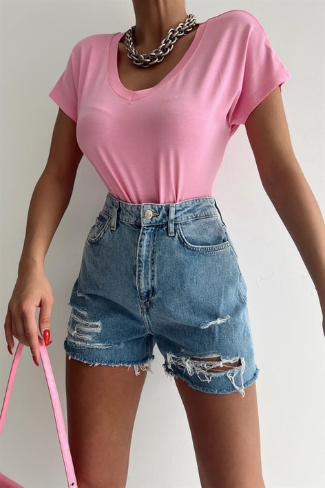 V Yaka Basic Tshirt Pembe