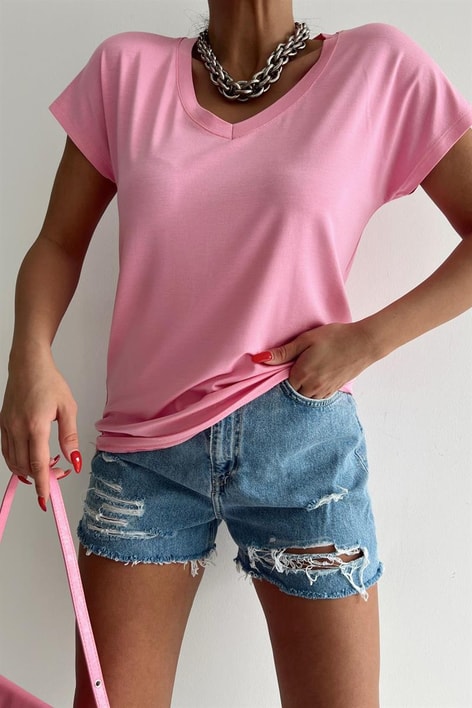 V Yaka Basic Tshirt Pembe