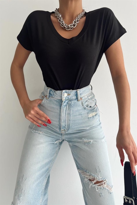 V Yaka Basic Tshirt Siyah