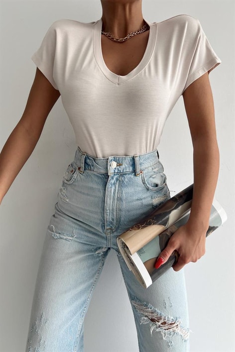 V Yaka Basic Tshirt Taş