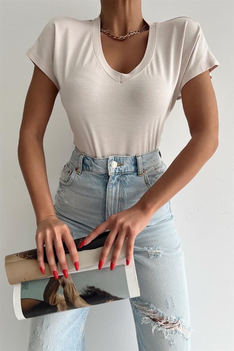 V Yaka Basic Tshirt Taş