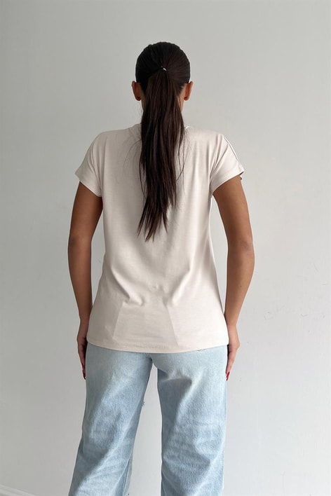 V Yaka Basic Tshirt Taş