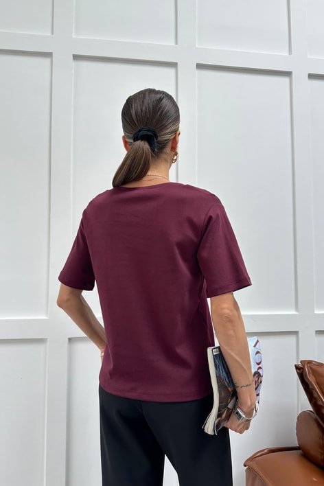 V Yaka Oversize Tshirt Bordo