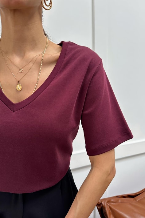 V Yaka Oversize Tshirt Bordo