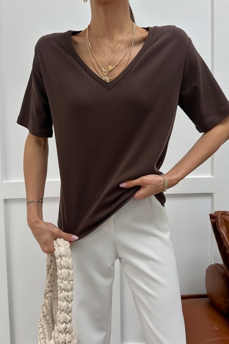 V Yaka Oversize Tshirt Kahve