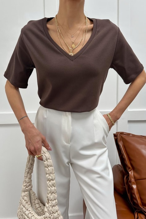 V Yaka Oversize Tshirt Kahve