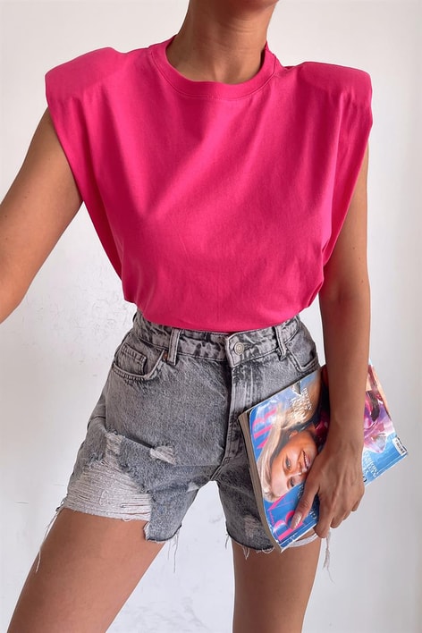 Vatkalı Basic Tshirt Fuşya