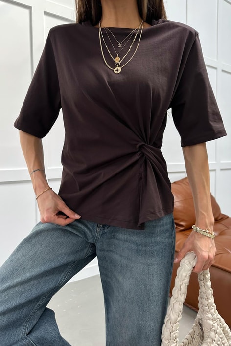 Vatkalı Ön Büzgü Detay Tshirt Kahve