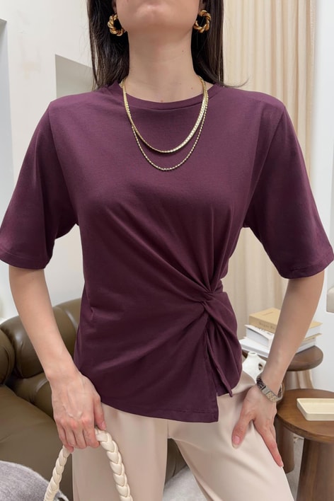 Vatkalı Ön Büzgü Detay Tshirt Mürdüm