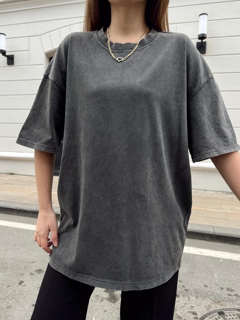 Yıkamalı Bisiklet Yaka Tshirt Füme